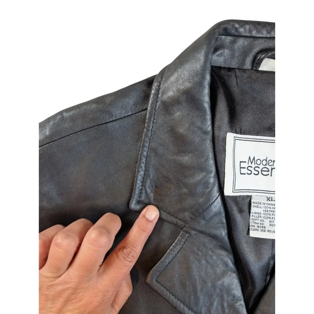 Modern Essentials Womens Black Long Button Front 100% Leather Jacket Large - Picture 8 of 9